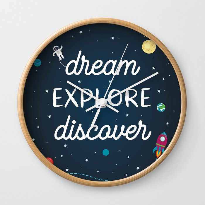 Space quote - Dream, explore, discover Wall Clock
