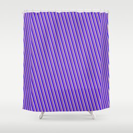 [ Thumbnail: Blue, Plum, Gray, and Orchid Colored Pattern of Stripes Shower Curtain ]