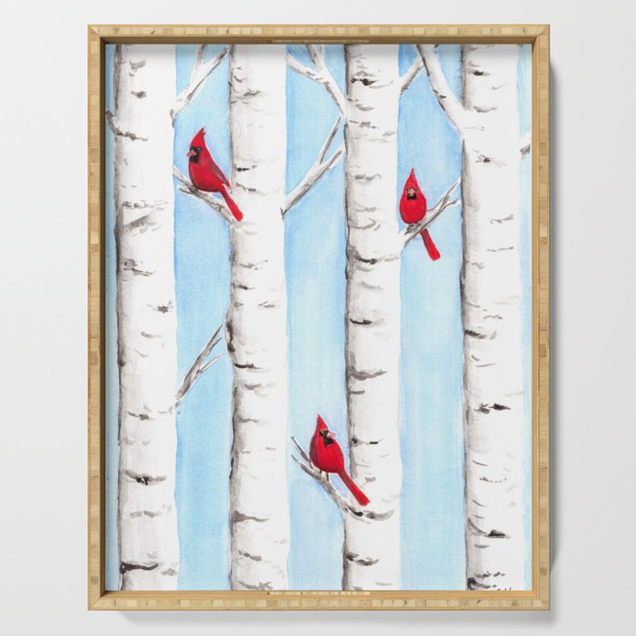 Cardinals And Birch Tree Chirstmas Art Serving Tray By