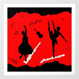 Two ballerina figures in black on red brush paper Art Print