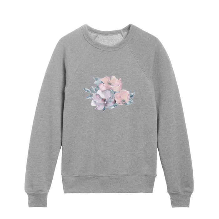 Watercolor of pink and purple flowers over blue background Kids Crewneck