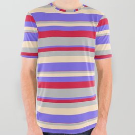 [ Thumbnail: Crimson, Grey, Bisque & Medium Slate Blue Colored Lined Pattern All Over Graphic Tee ]