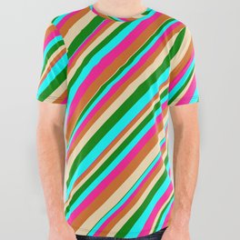 [ Thumbnail: Eye-catching Tan, Green, Cyan, Deep Pink, and Chocolate Colored Pattern of Stripes All Over Graphic Tee ]