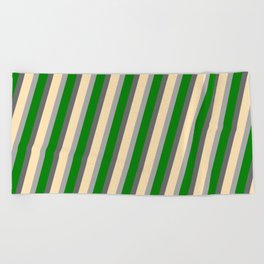 [ Thumbnail: Dim Grey, Beige, Dark Gray, and Green Colored Lines/Stripes Pattern Beach Towel ]
