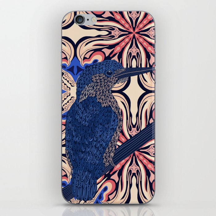 Gorgeous Kingfisher sitting on branch with patterned background iPhone Skin