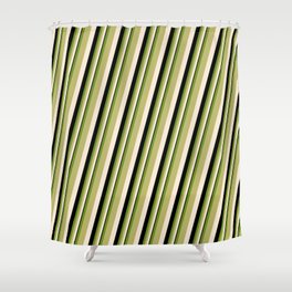[ Thumbnail: Green, Dark Khaki, Beige & Black Colored Stripes/Lines Pattern Shower Curtain ]