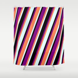 [ Thumbnail: Purple, Coral, Light Cyan & Black Colored Stripes Pattern Shower Curtain ]