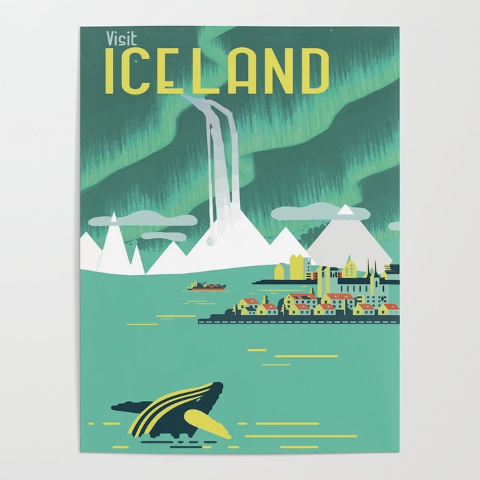 Vintage Mid Century Modern Iceland Scandinavian Travel Poster Ocean Whale Winter Village Poster