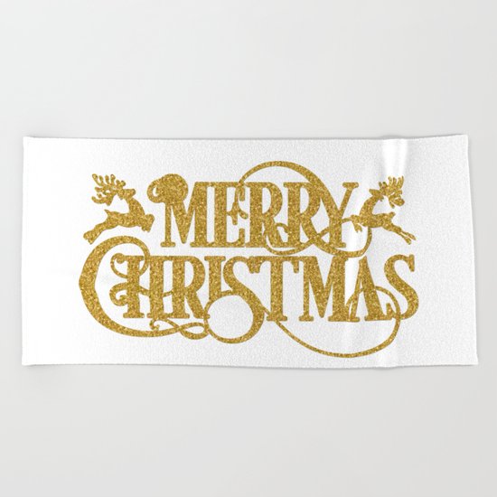 Merry Christmas - Gold glitter Typography Beach Towel