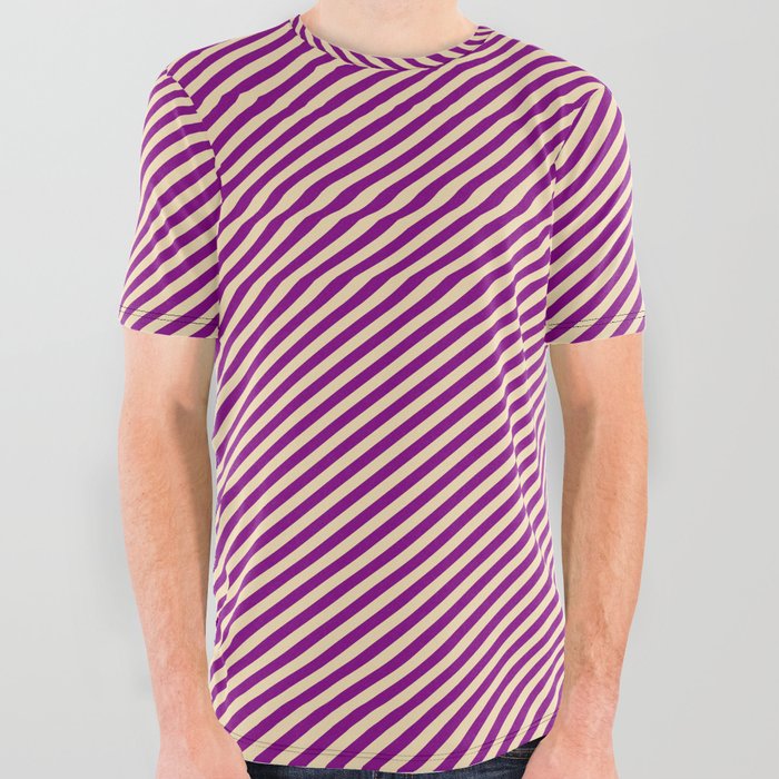 Tan and Purple Colored Striped Pattern All Over Graphic Tee