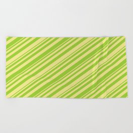 [ Thumbnail: Green & Tan Colored Striped/Lined Pattern Beach Towel ]