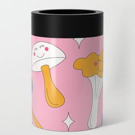 Retro mushrooms and smiles and sparkles. Pink background. Can Cooler