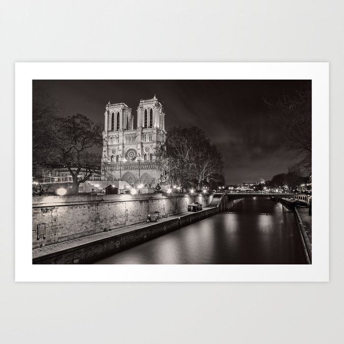 Notre Dame Cathedral, Paris, France on the River Seine black and white photograph / art photography Art Print