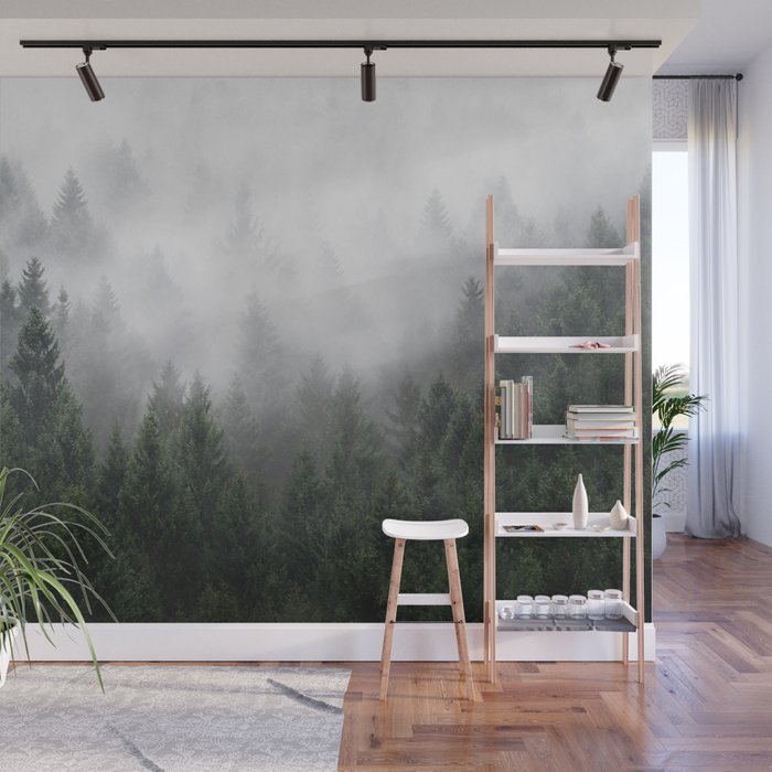 Home Is A Feeling // Wild Romantic Misty Fairytale Wilderness Forest With Trees Covered In Fog Wall Mural
