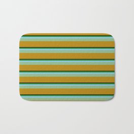 [ Thumbnail: Vibrant Black, Forest Green, Light Sky Blue, Dark Sea Green & Dark Goldenrod Colored Stripes Pattern Bath Mat ]