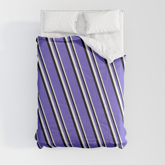 White, Black & Slate Blue Colored Stripes Pattern Comforter