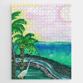 Tropical Ocean View with Egret Jigsaw Puzzle