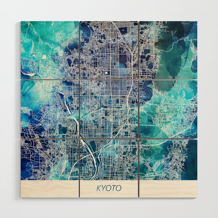 Kyoto Japan Map Navy Blue Turquoise Watercolor Wood Wall Art