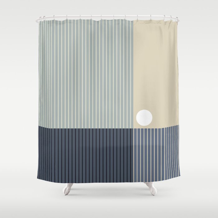 Geometric Blocks And Lines In Classy, Navy Blue Beige Shower Curtain
