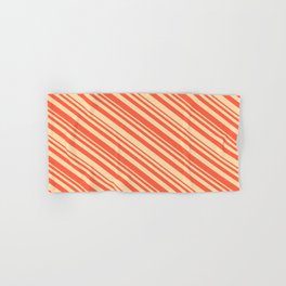 [ Thumbnail: Tan and Red Colored Striped/Lined Pattern Hand & Bath Towel ]