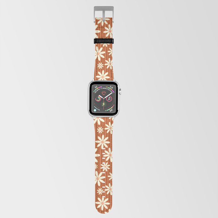 Retro Groovy Daisy Flower Power Vintage Boho Pattern with Stripes in Terracotta, Clay, Rust Apple Watch Band