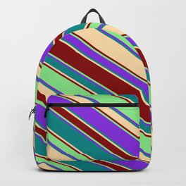 [ Thumbnail: Purple, Dark Cyan, Tan, Dark Red, and Light Green Colored Striped/Lined Pattern Backpack ]