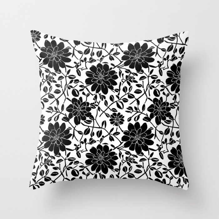 Black & White Floral Woodcut Throw Pillow