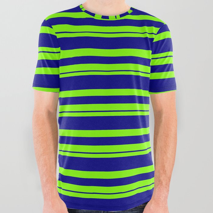 Chartreuse and Blue Colored Lines/Stripes Pattern All Over Graphic Tee