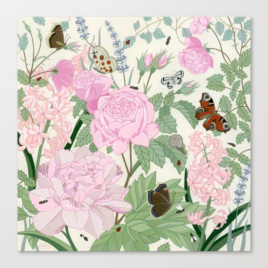 Pink flowers and butterflies Canvas Print