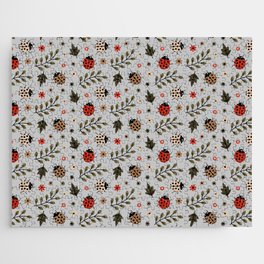 Ladybug and Floral Seamless Pattern on Light Grey Background Jigsaw Puzzle