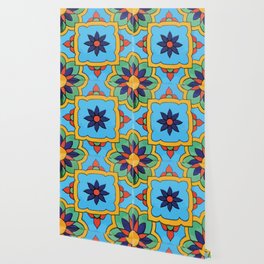 Blue flower color block mexican style talavera Wallpaper