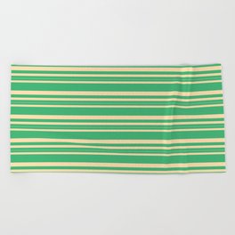 [ Thumbnail: Sea Green and Tan Colored Lined/Striped Pattern Beach Towel ]