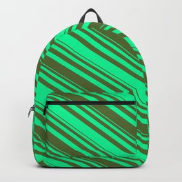 [ Thumbnail: Dark Olive Green and Green Colored Lines Pattern Backpack ]