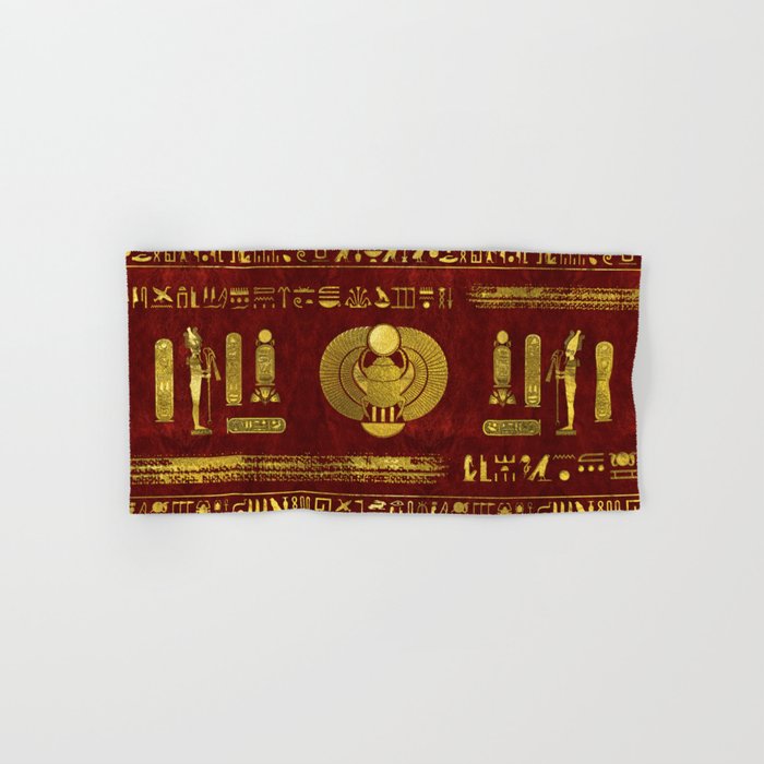 Golden Egyptian Scarab on red leather Hand & Bath Towel