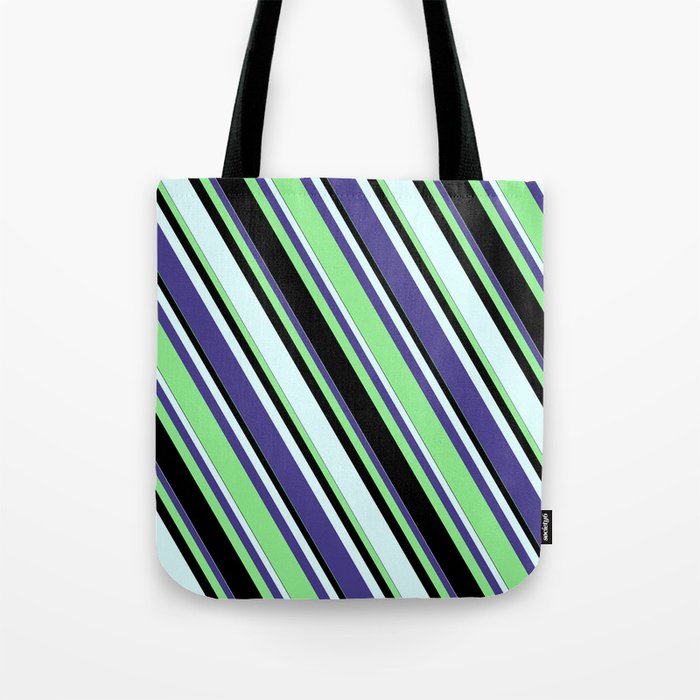 Dark Slate Blue, Light Green, Black, and Light Cyan Colored Lined Pattern Tote Bag