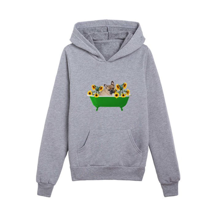 Bulldog - Green Bathtub with Sunflowers Kids Pullover Hoodie