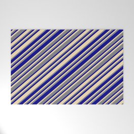 [ Thumbnail: Dark Blue, Tan, and Grey Colored Striped Pattern Welcome Mat ]
