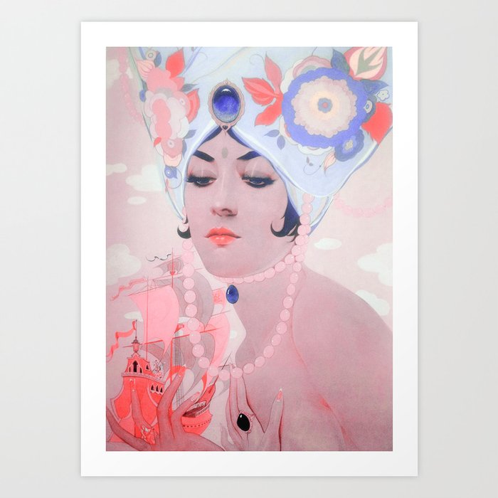 Scheherazade by Alberto Vargas Coral Pink Blue Art Print