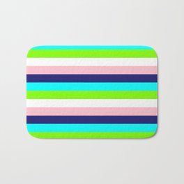 [ Thumbnail: Pink, Midnight Blue, Cyan, Chartreuse, and White Colored Lined/Striped Pattern Bath Mat ]