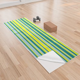 [ Thumbnail: Yellow, Teal, and Light Blue Colored Stripes Pattern Yoga Towel ]