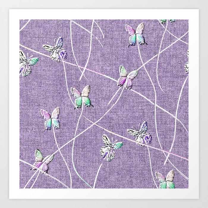 Embroidery Texture Watercolor Butterflies on Lilac Linen Art Print