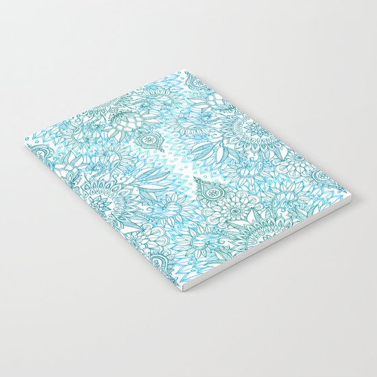 Turquoise Blue, Teal & White Protea Doodle Pattern Notebook