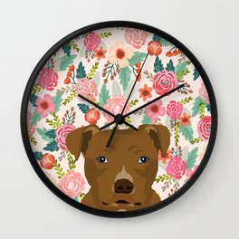 Pitbull floral dog portrait pibble peeking face gifts for dog lover Wall Clock