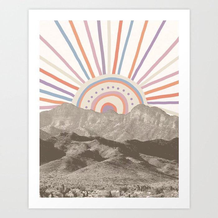 Bohemian Tribal Sun UP / Abstract Vintage Mountain Happy Summer Vibes Retro Colorful Pastel Artwork Art Print