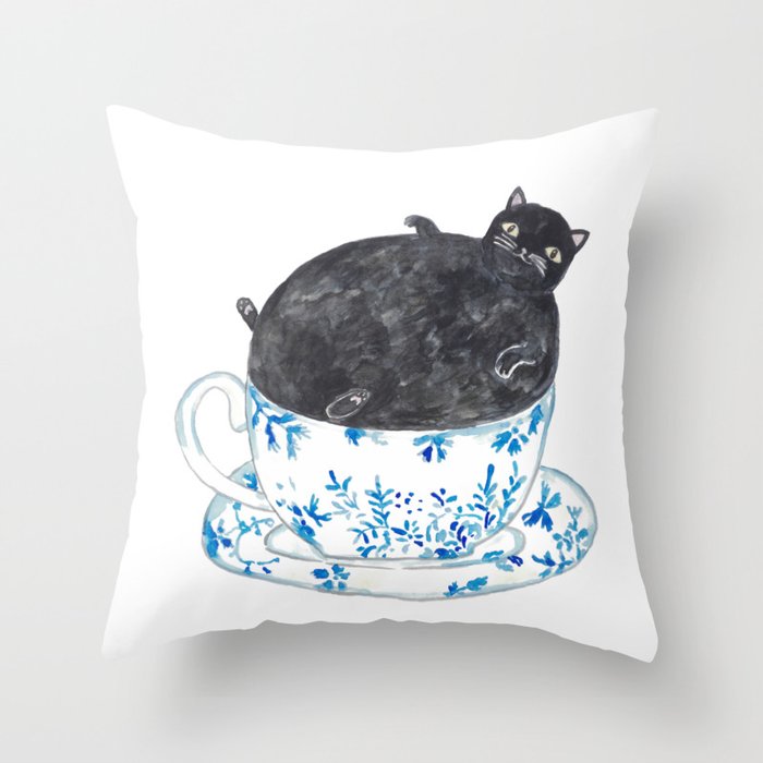 Cat in cup coffee tea Painting Throw Pillow