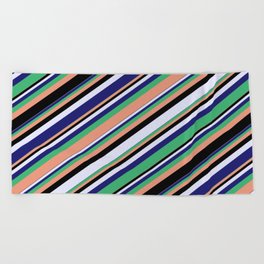 [ Thumbnail: Eyecatching Sea Green, Dark Salmon, Black, Lavender & Midnight Blue Colored Lines/Stripes Pattern Beach Towel ]