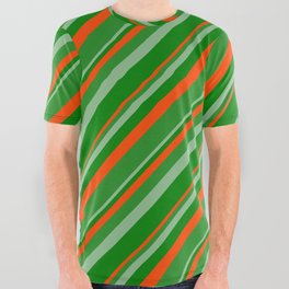 [ Thumbnail: Dark Sea Green, Green, Red & Forest Green Colored Lined/Striped Pattern All Over Graphic Tee ]