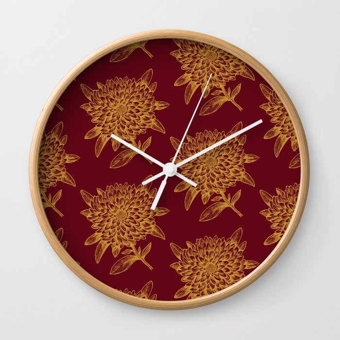 Elegant Flowers Floral Nature Red Yellow Gold Wall Clock