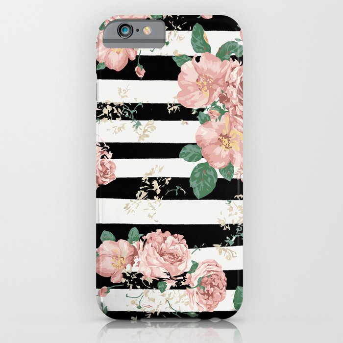 vintage floral roses black and white stripes iphone case