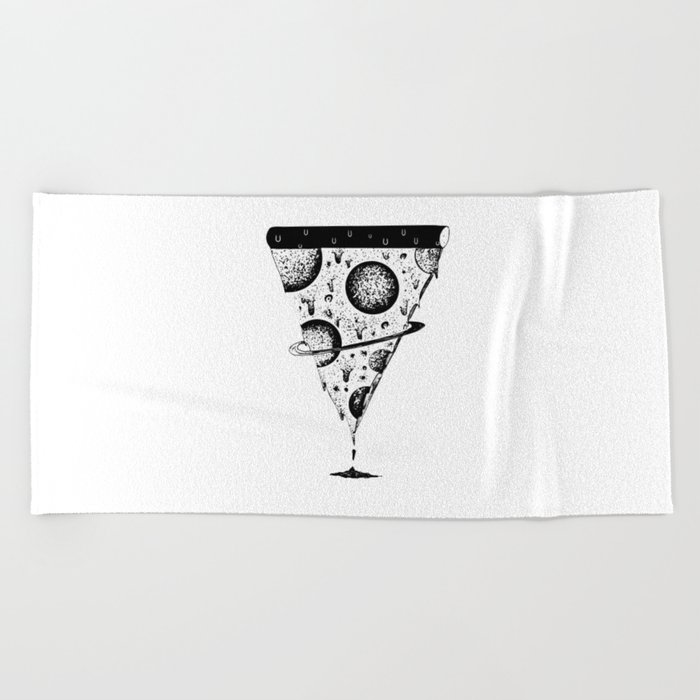 galaxy space pizza melting black and white illustration by shoosh Beach Towel